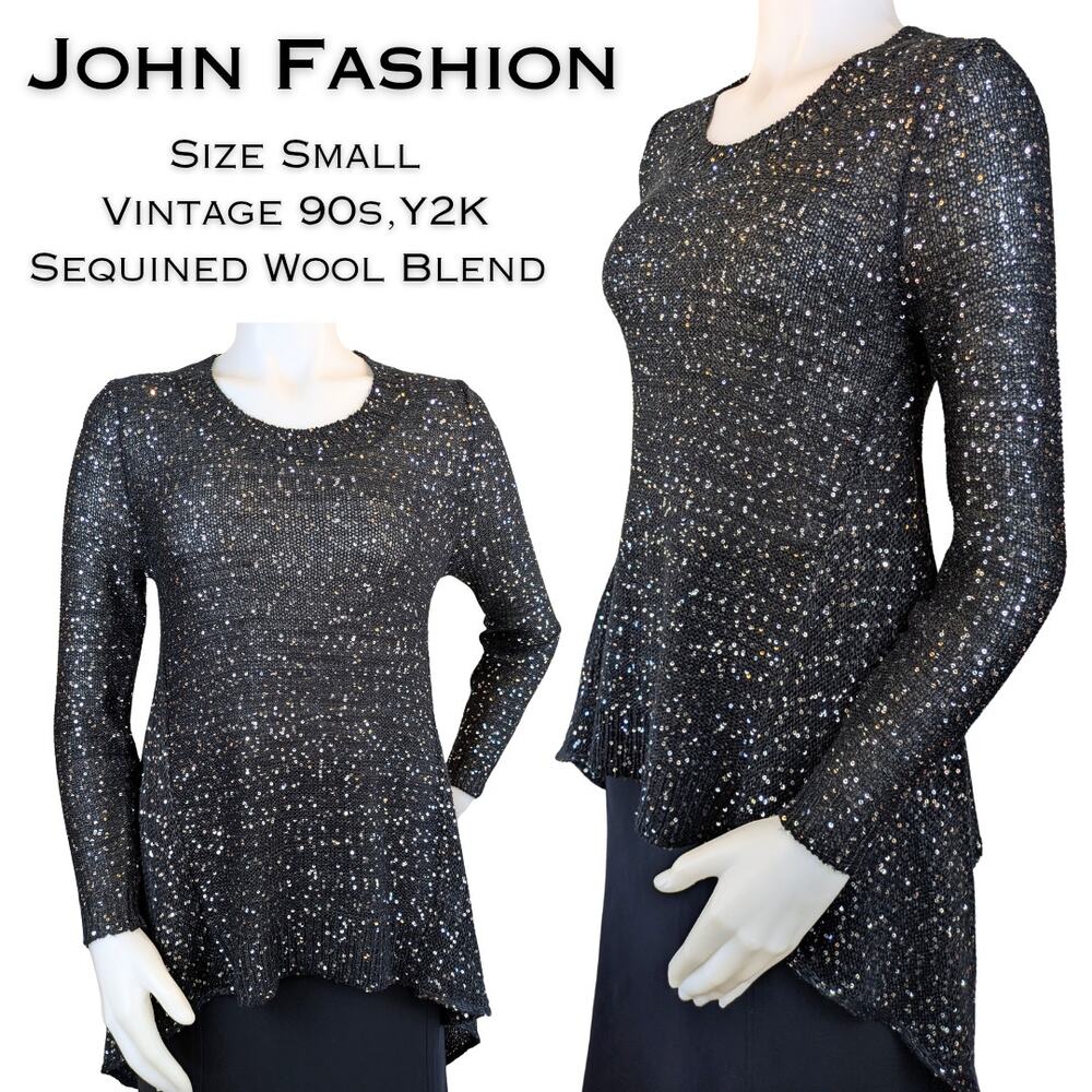 John Fashion Sweater Small Black Sequin Y2K Waterfall Holiday New Years Party